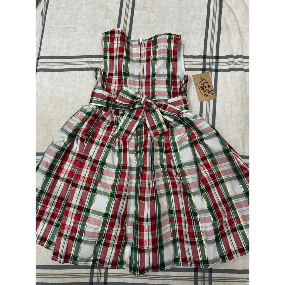 NWT Bonnie Jean Girls Size 8 Christmas Metallic Plaid Holiday Dress Gold Bow
